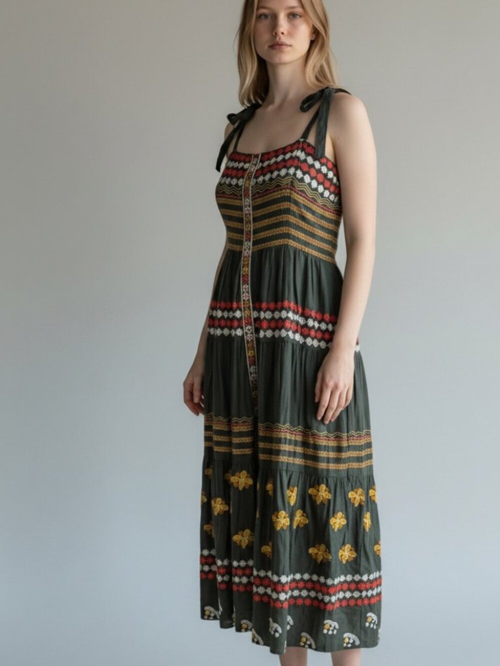 Oliphant Noelani Maxi Dress Size M Green Floral Embroidered Tiered Sundress